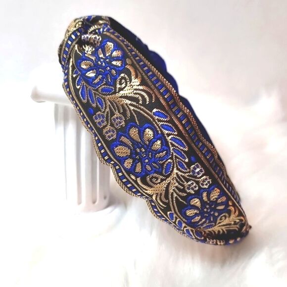 JEWELTONE JACQUARD SATIN FABRIC top knot royal blue gold black headband - Picture 2 of 9